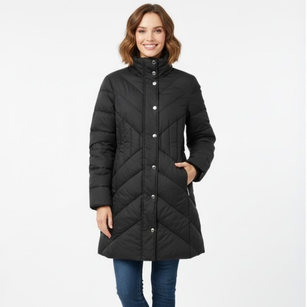 LONDON FOG Women's Black Down Fill Blend Quilted Winter Puffer Coat Size Medium